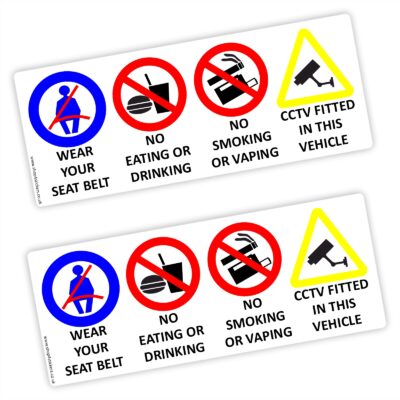 T22 Stickers Seat Belt No Smoking Vaping Food Drink CCTV Car Camera Monitoring Taxi Warning Signs Eating Drinking Notice Vehicle Health and Safety Reminder Window Decal Mini Cab Label