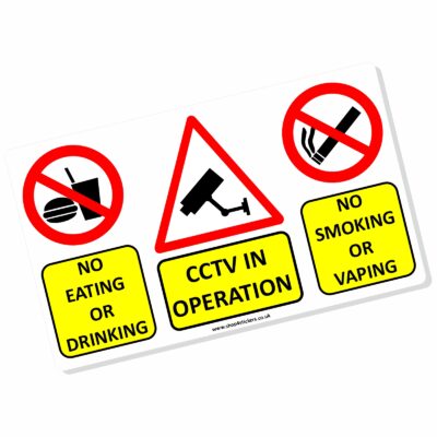 FC8 Sticker No Smoking Eating Drinking Vaping Sign CCTV in Operation Warning Decal Camera Food Drink Taxi Car Vehicle Hackney Mini Cab Notice Health Safety Label Reminder Security Labels Window