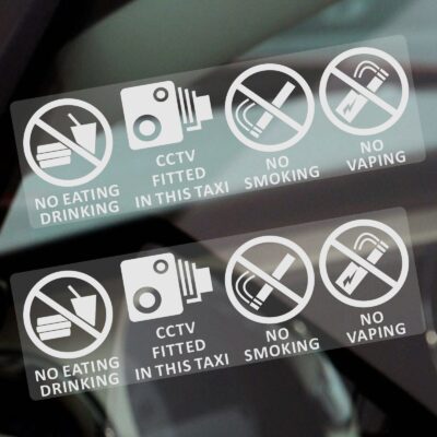 T1 Stickers No Eating Drinking Smoking Vaping Food Warning Signs CCTV Monitoring Fitted Taxi Security Vehicle Protection Health and Safety Window Minicab Minibus Cab Van Bus Notices Decals Labels