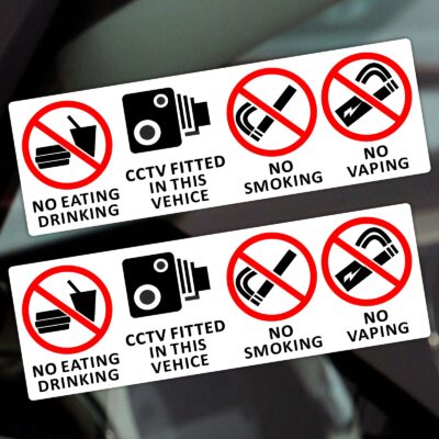 T30 Stickers Vehicle No Smoking Vaping Food Drink CCTV Dashcam In Car Camera Monitoring Taxi Warning Signs Eating Drinking Notice Health and Safety Reminder Protection Waterproof Window Decals Mini Cab Rideshare Labels - Image 3