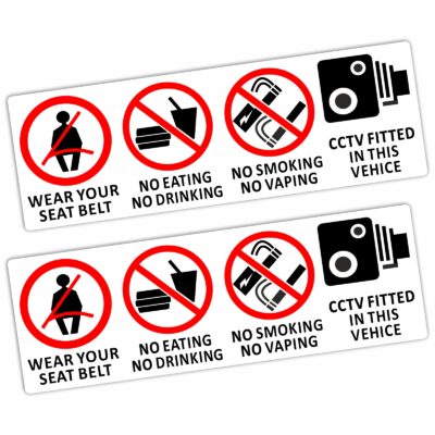 T40 Stickers Vehicle No Smoking Vaping Food Drink Wear your Seat Belt CCTV Dashcam In Car Camera Monitoring Taxi Warning Signs Eating Drinking Notice Health and Safety Reminder Protection Waterproof Window Decals Mini Cab Rideshare Security Reminders Labels