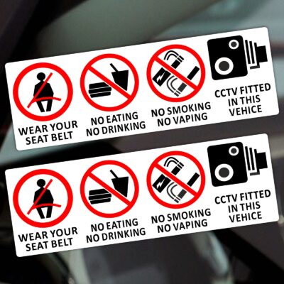 T40 Stickers Vehicle No Smoking Vaping Food Drink Wear your Seat Belt CCTV Dashcam In Car Camera Monitoring Taxi Warning Signs Eating Drinking Notice Health and Safety Reminder Protection Waterproof Window Decals Mini Cab Rideshare Security Reminders Labels - Image 3