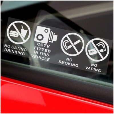 T3 Stickers Vehicle No Smoking Vaping Food Drink CCTV Dashcam In Car Camera Monitoring Taxi Warning Signs Eating Drinking Notice Health and Safety Reminder Waterproof Window Decals Mini Cab Labels