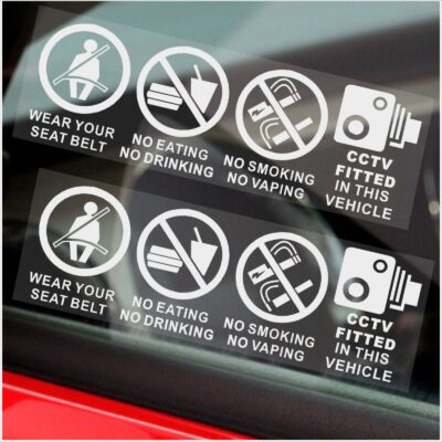 T4 Stickers Vehicle No Smoking Vaping Food Drink Wear your Seat Belt CCTV Dashcam In Car Camera Monitoring Taxi Warning Signs Eating Drinking Notice Health and Safety Reminder Protection Waterproof Window Decals Mini Cab Rideshare Security Reminders Labels