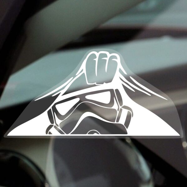SW4 Sticker Sign Stormtrooper Peeking Car Window Star Wars Imperial Helmet Empire Force Dark Side Sith Vinyl Decal Truck Vehicle Reverse or External Bumper Label